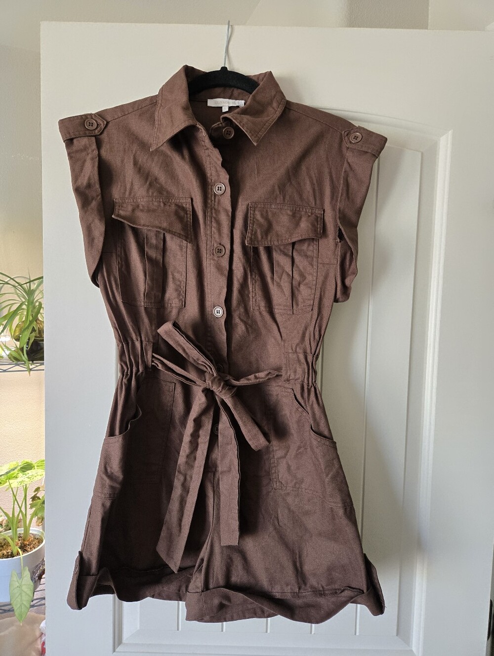 Women's Brown Linen Utility Romper with Tie Waist